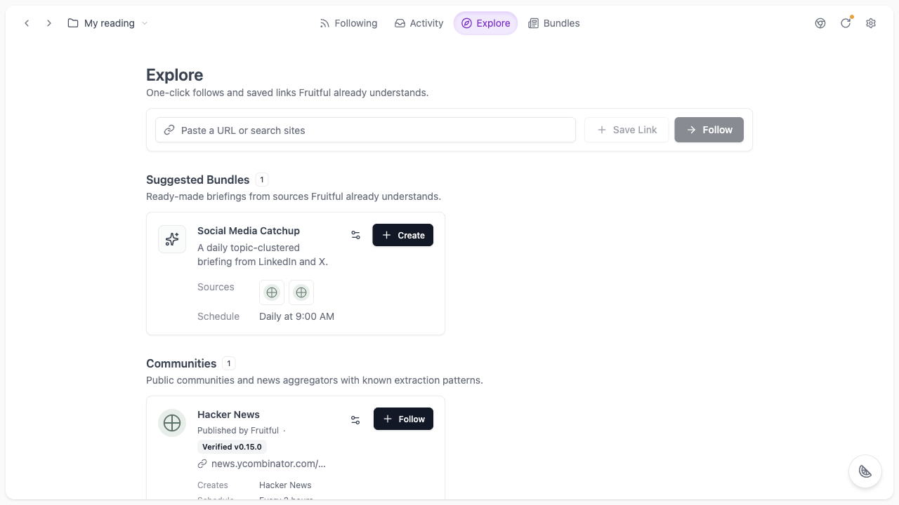 Explore showing the Hacker News source and its Follow button.