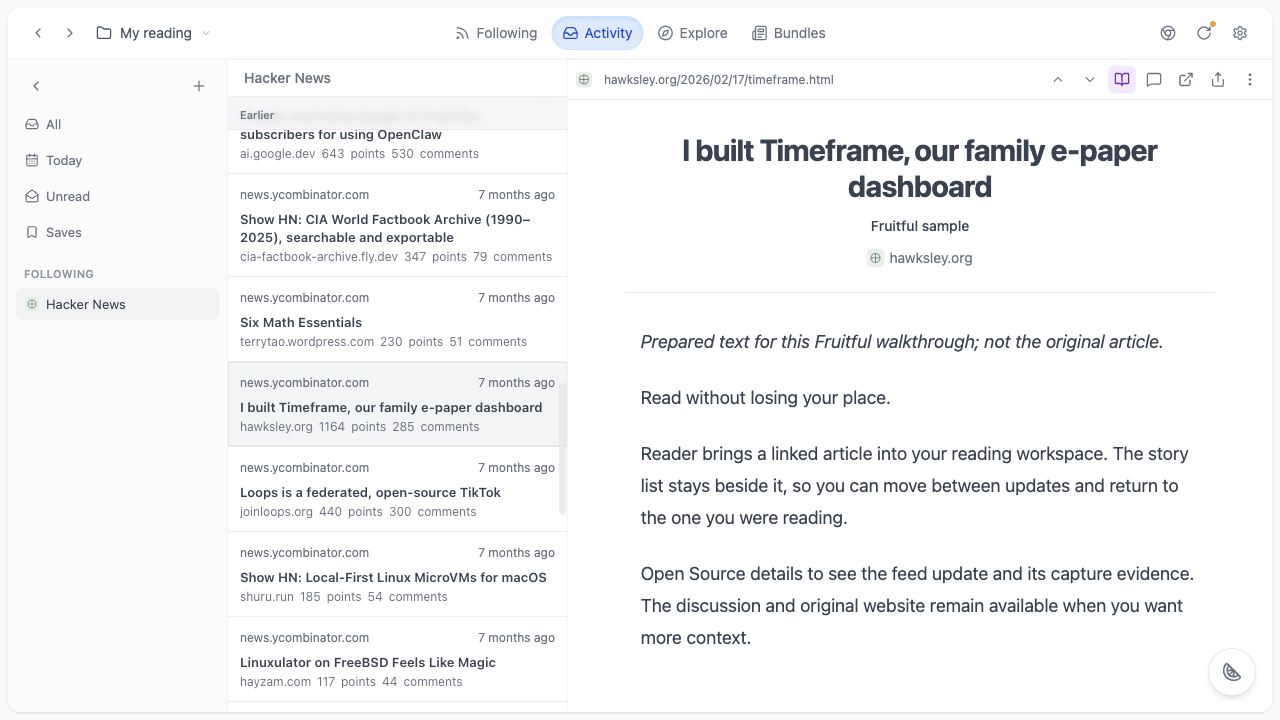 A captured Hacker News update open in Fruitful Reader.