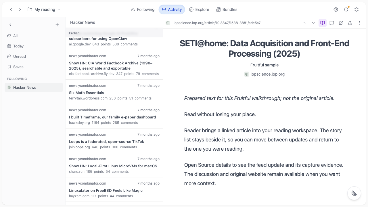 Activity showing the captured Hacker News stories in the My reading workspace.