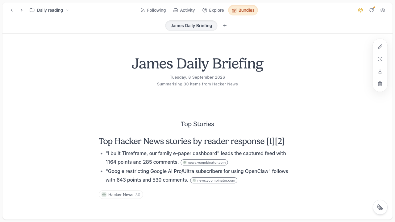 James Daily Briefing open in Bundles, summarising captured Hacker News stories.