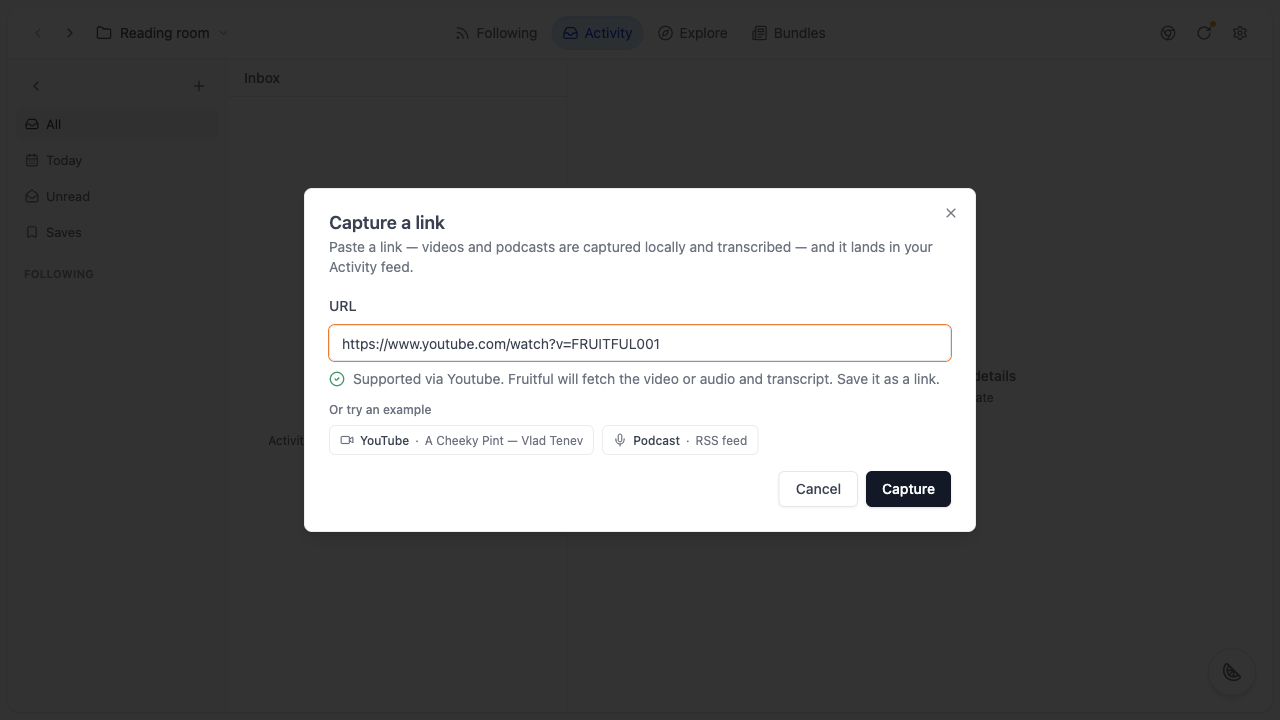 Capture a link dialog, with a media URL entered and the Capture button ready.