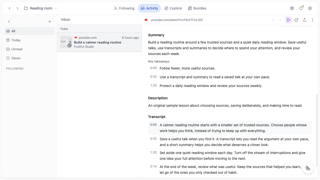 The Reader showing the sample lesson's summary, three key takeaways, and transcript below.