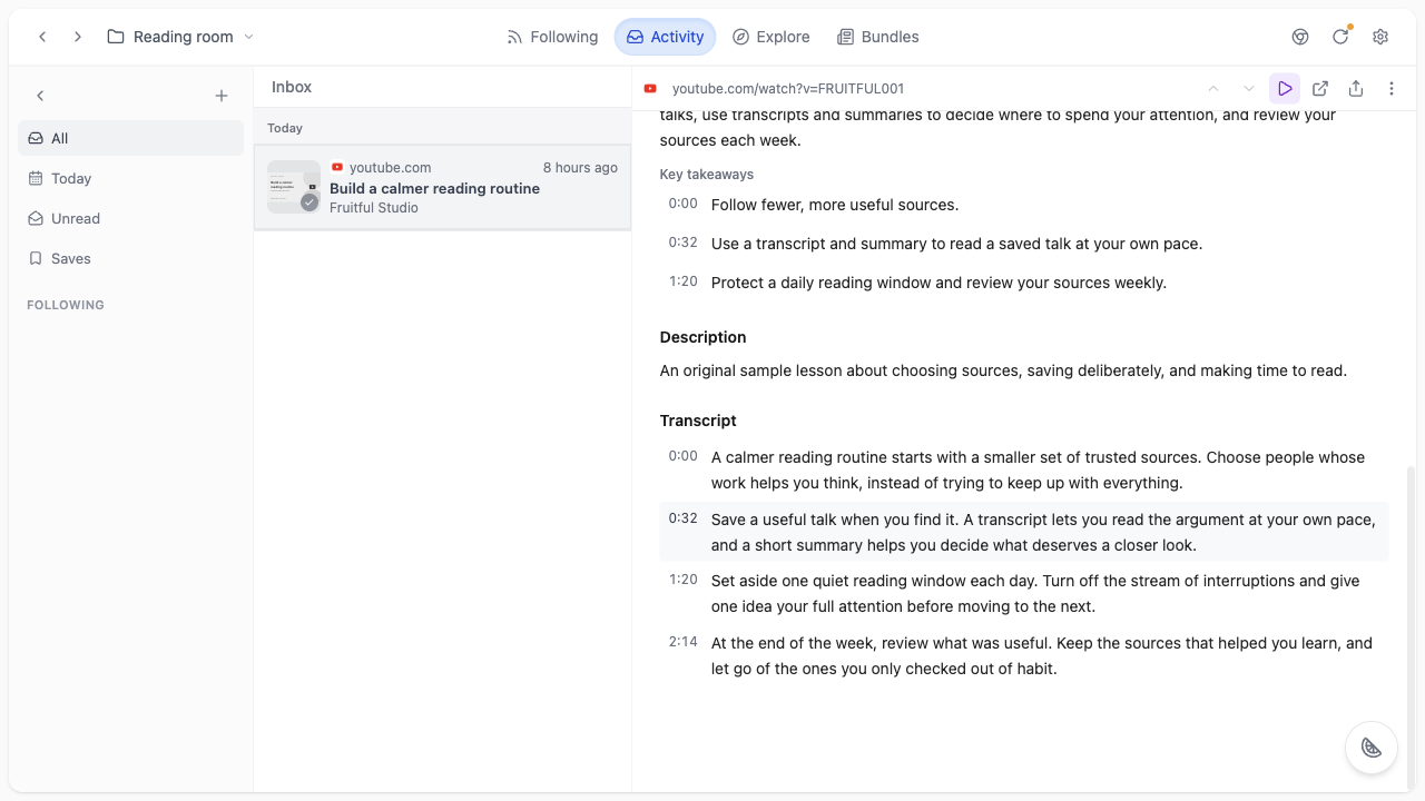 The Reader scrolled to the captured transcript of Build a calmer reading routine.
